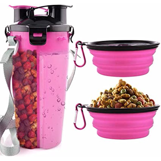 Botella para beber y botella de comida para perros 2 en 1 con 2 cuencos de viaje plegables para perros Cuencos de agua portátiles para perros para caminar, caminar y viajar ROSA Sincero Hogar