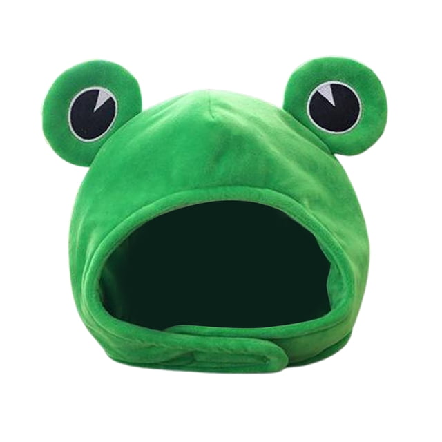 sombrero de felpa novedad dibujos animados divertidos rana ojo grande cosplay sunnimix, vista frontal centrada de gorro-capucha verde con dos ojos sobresalientes, felpa suave y relleno de algodón PP, talla única 31x25 cm, ideal para cosplay, fotos y como regalo.