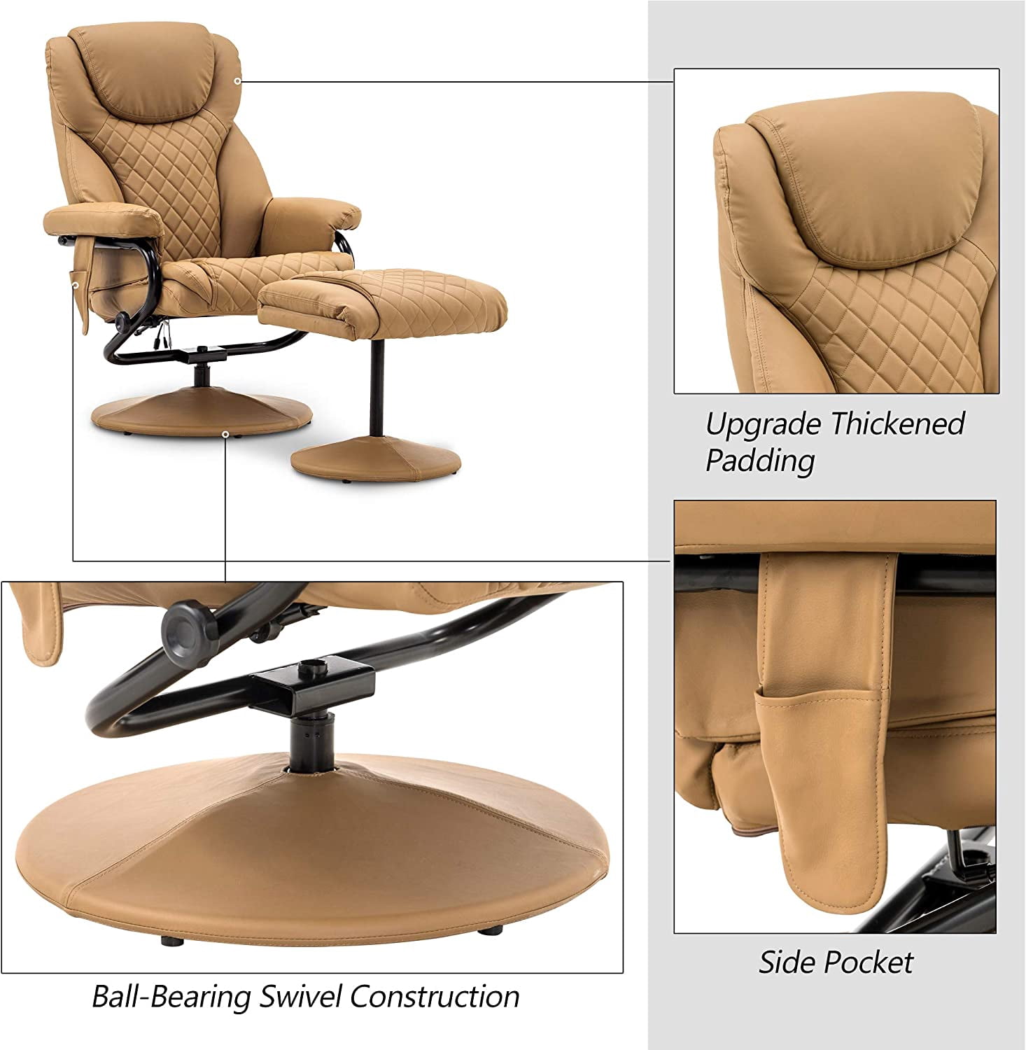MCombo Massage Recliner Chair with Ottoman for Living Room, Swivel Recling Chair Faux Leather, 4901 (Brown)