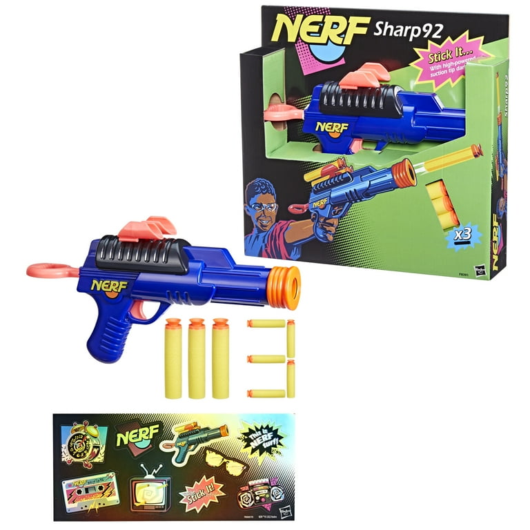 Nerf Sharp92 Retro Dart Blaster, 3 Suction Tip Darts, Sticker