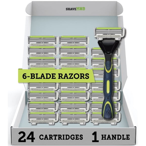 Kit de afeitadora para hombre ShaveMOB de 6 hojas (mango de cabeza flexible + 24 recambios) (sin recortadora) - El kit de afeitado Caveman