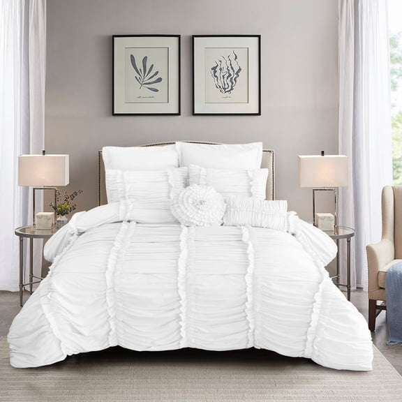 7-Piece Ruffled Comforter Set, White - Includes Comforter, Shams & Decorative Pillows,Queen