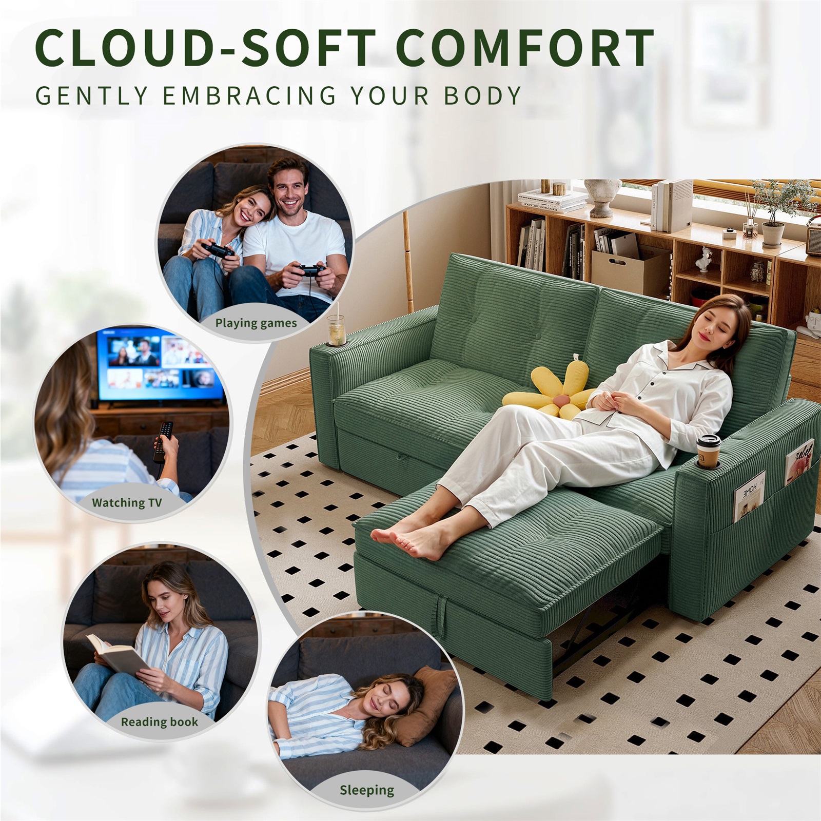 Hommoo 70" Convertible 2-in-1 Pull Out Couch Bed, Multi-Functional Corduroy Loveseat Sleeper Sofa Bed, Green