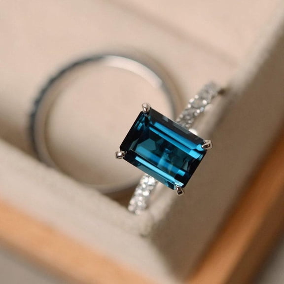 London blue topaz bridal set, sterling silver, emerald cut, wedding ring set, Handmade Topaz Ring, Gemstone Ring, November birthstone ring