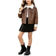 thumbnail image 2 of Xdegoge Girls Contrast Collar Faux Leather Jacket Button Down Outerwear Long Sleeve Fall Winter Warm Coat with Pockets Vintage Kids Casual Fashion Tops, 2 of 9