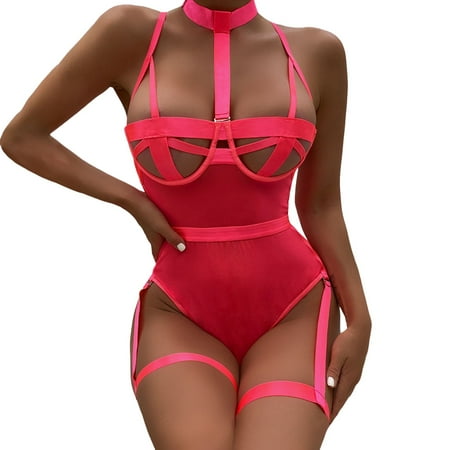 Yuhangmm Women s Underwear See Through Sexy Strap Hanging Socks Shaping Bodysuit Bustier Corset Lingerie Set for Women