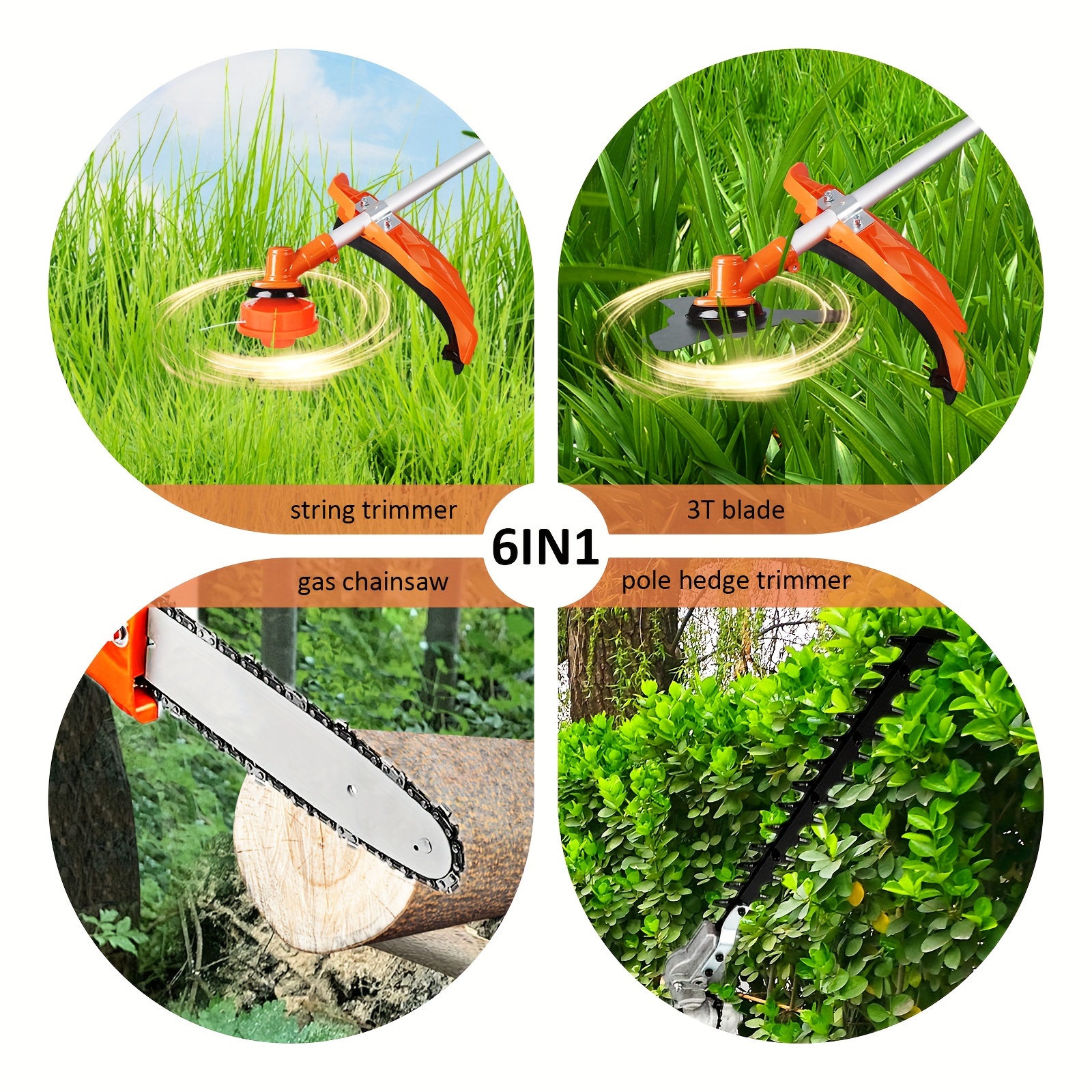 52cc 6 In 1 Multi Functional Garden Trimming Tools, Gas Powered String Trimmer, Weed EaterGas Powered Hedge Trimmer Lawn Edger, Long Reach Pole Saw For Tree Trimming BranchBrush Cutter