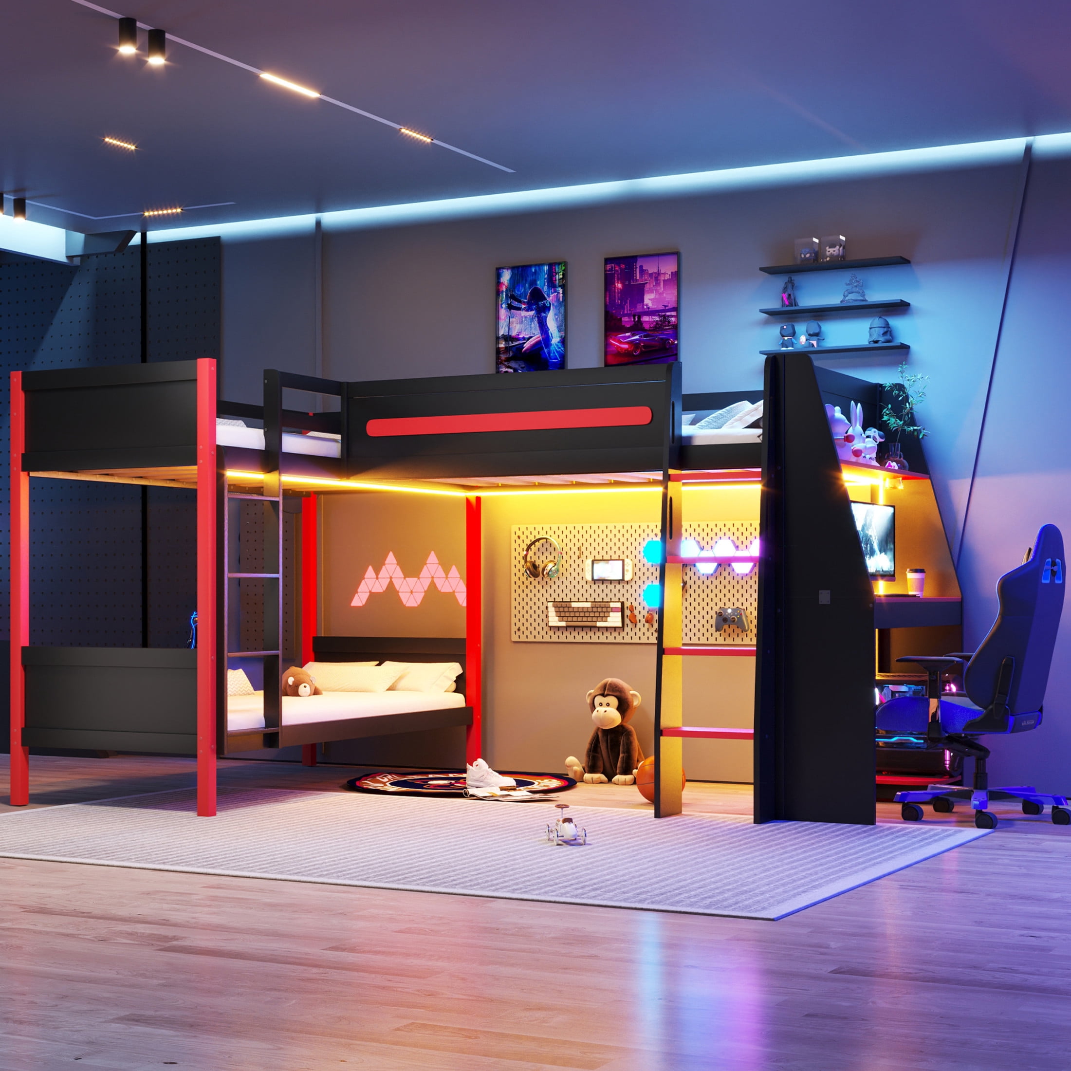 Noble House Renee L-Shaped Twin Bunk Bed with Gaming Loft and Desk, LED Lights and Shelves, Black and Red