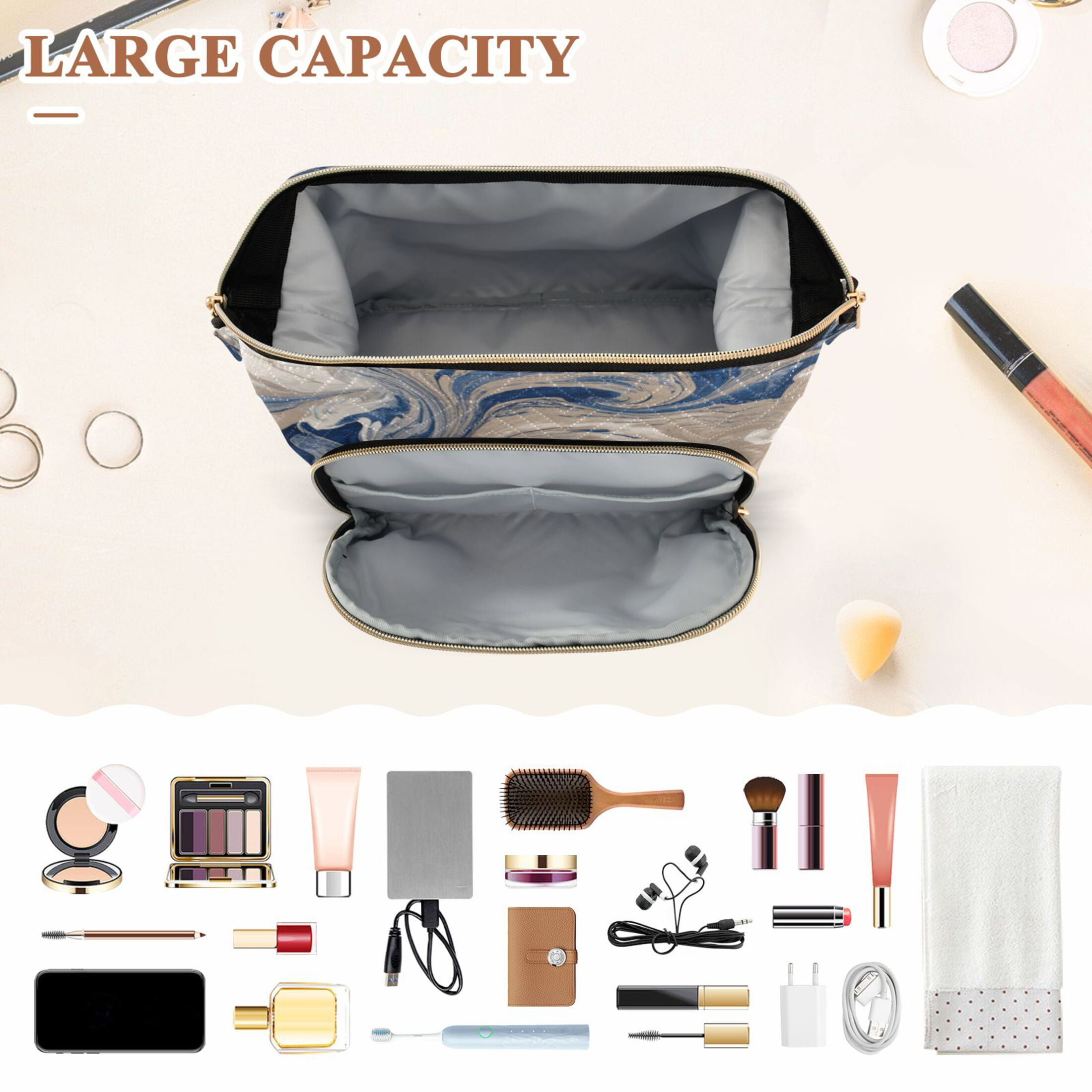 Wavy Quilted Cosmetic Bag Large-Capacity Travel Toiletry Organizer Includes 9-Piece Portable Travel Bottle Set Blue Flowing Liquid Marble