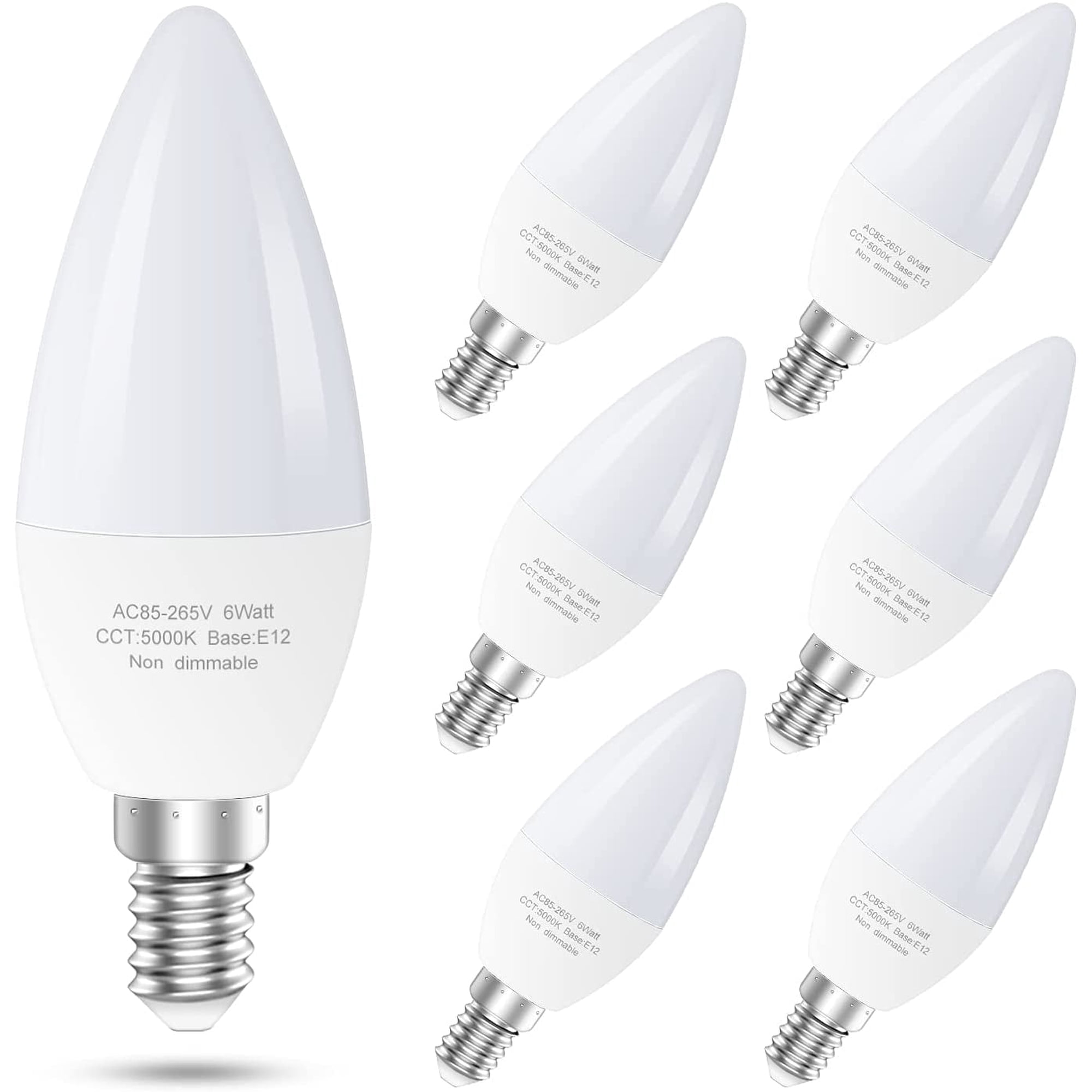 GOSCHE 6-Pack E12 LED Ceiling Fan Light Bulbs, 6 Watts (60 Watts Equivalent), 5000K Daylight, Type B Light Bulb for Chandelier, Non-Dimmable