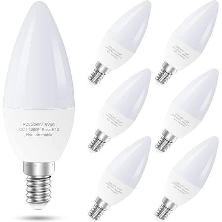 GOSCHE 6-Pack E12 LED Ceiling Fan Light Bulbs, 6 Watts (60 Watts Equivalent), 5000K Daylight, Type B Light Bulb for Chandelier, Non-Dimmable