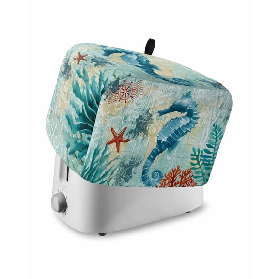 Fsddascl Sea Seahorse Coastal Toaster Cover 4 Slice, Large Kitchen Appliance Covers, Turquoise Nautical Summer Coral Vintage Toaster Oven Cover with Loop, Bread Machine Cover Dust Cover Protection