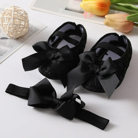 

Baby Girls First Walkers Newborn Shoes Cute Bowknot Infant Prewalker Soft Bottom Anti Slip Toddler Princess Shoes Headband Set Black S
