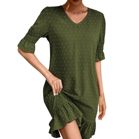 2025 Women s Swiss Dot Dress Ruffle Short Sleeve V Neck Babydoll Dress Casual Comfy Loose Fit Flowy T Shirt Dresses bridal dress yellow dress