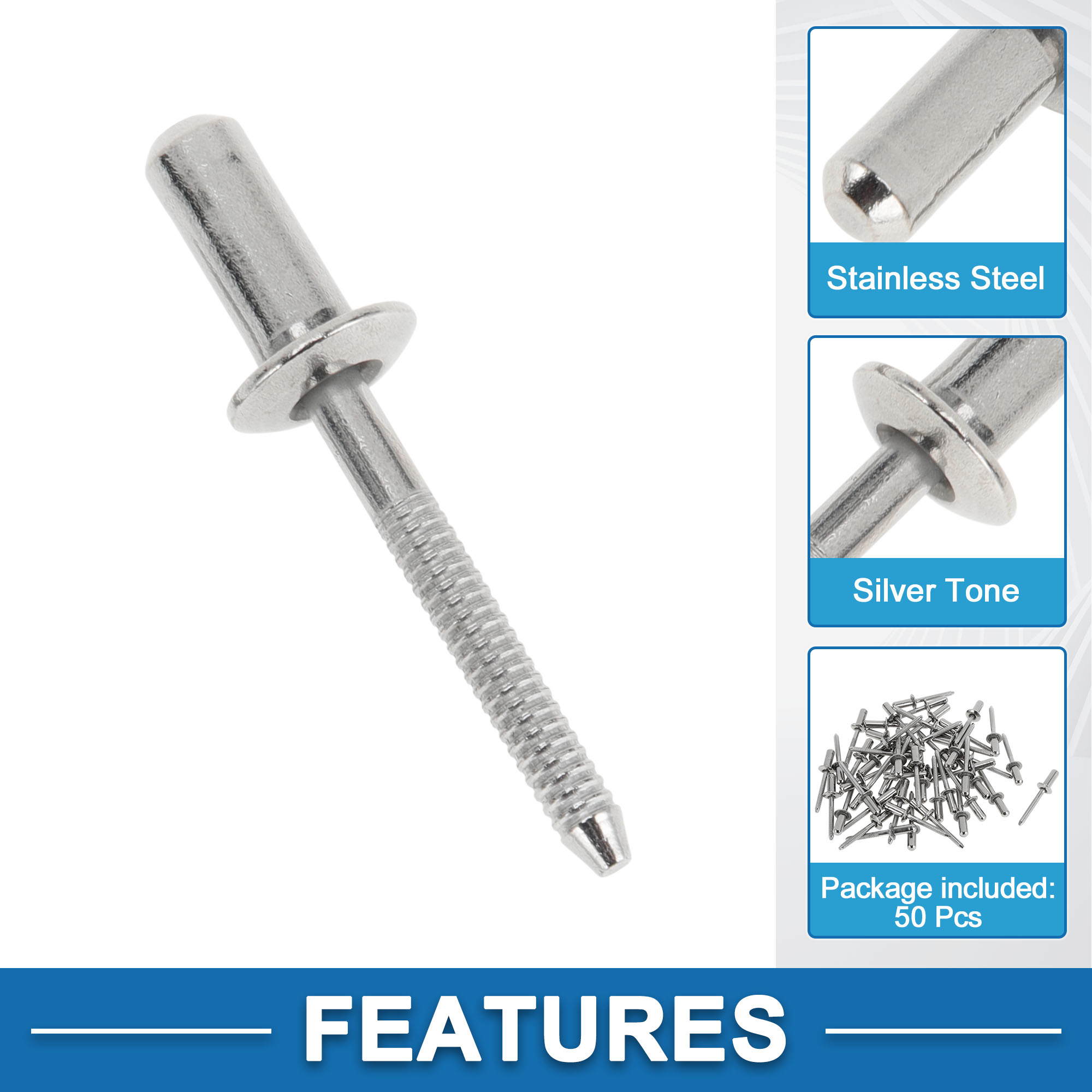 Dome Head Closed Sealing Rivets 6.4mm Grip Diameter 12mm Grip Length 13mm Flange Diameter Stainless Steel Silver Tone 50 Pcs