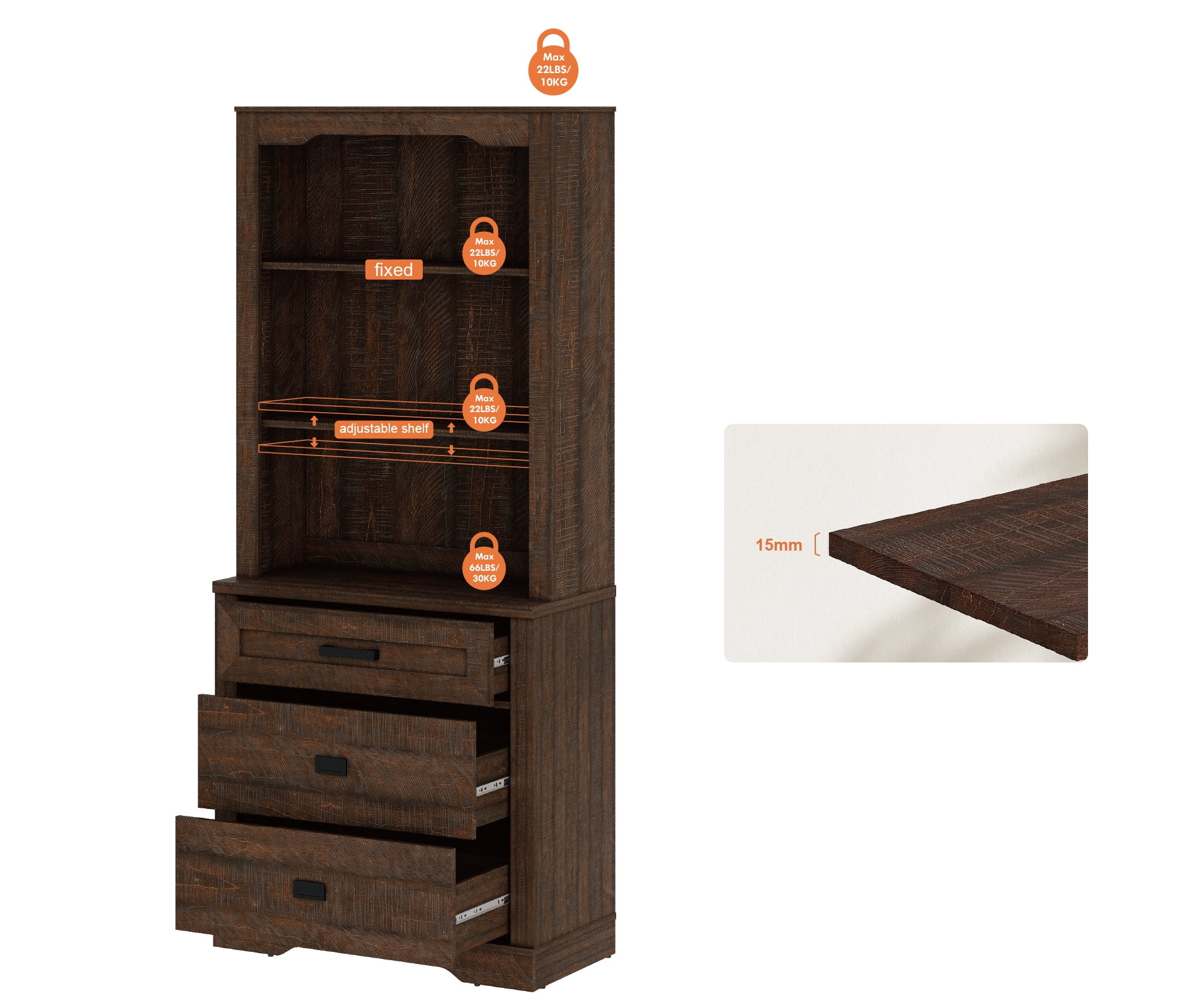 WAMPAT 3 Tier Bookcase with Drawer,73.3" Tall Floor Standing Bookshelf,Modern Farmhouse Display Storage Cabinet with Adjustable Shelves,Rustic Brown
