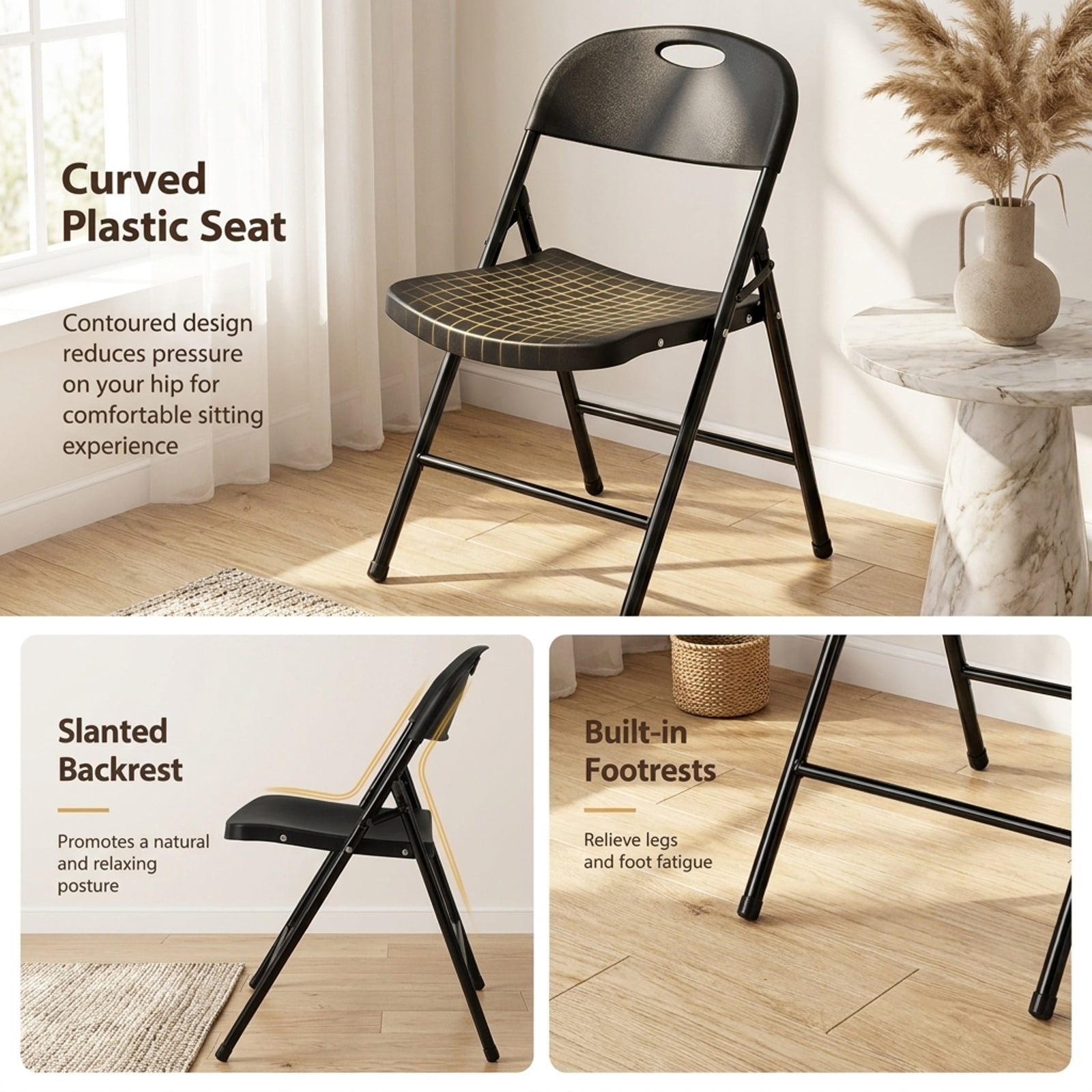 Furnibear Set of 6 Foldable Plastic Chairs with Ergonomic Backrest for Kitchen Dining Room Living Room Home, Black