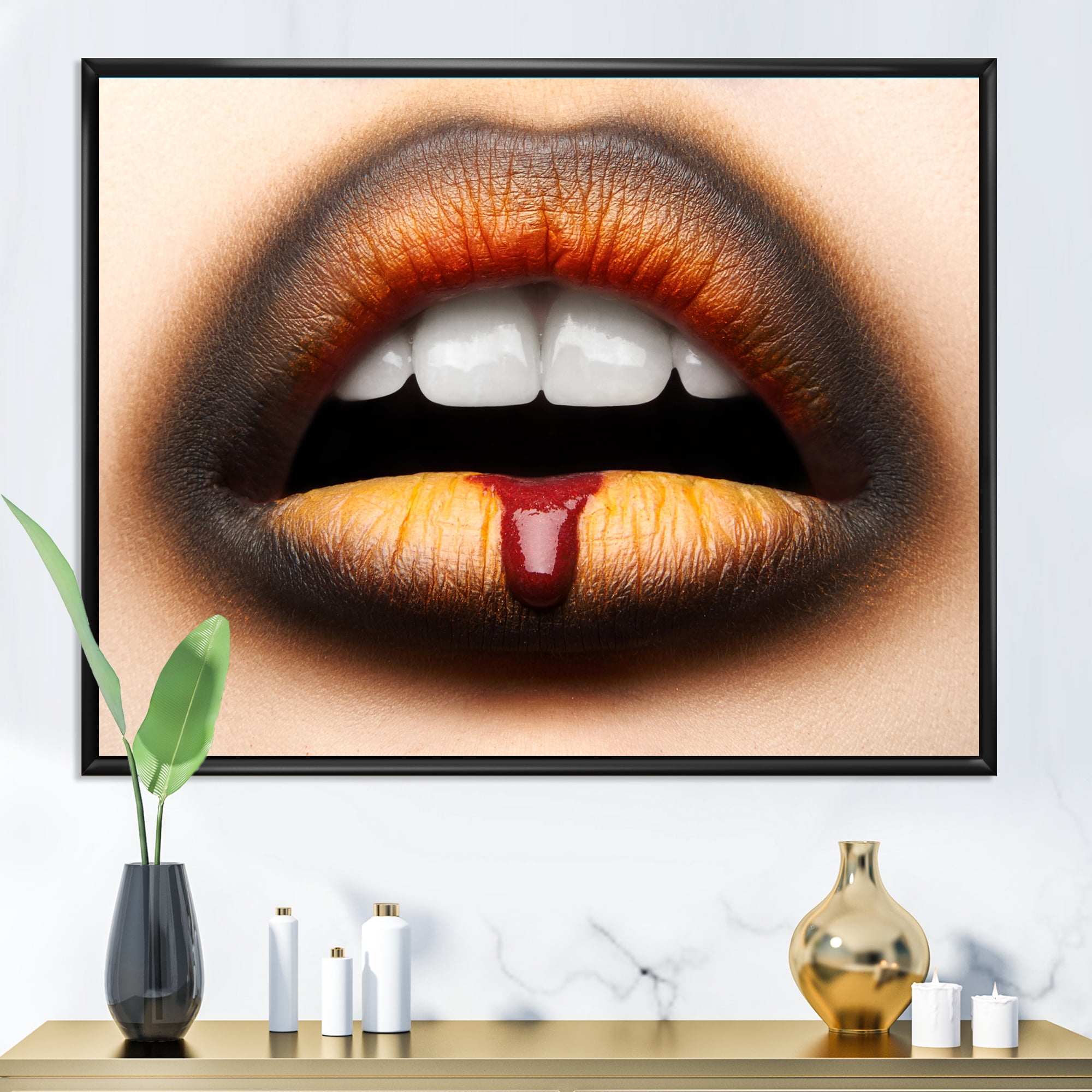 Designart 'Woman Lips With Black & Orange Lipstick' Modern Framed Canvas Wall Art Print