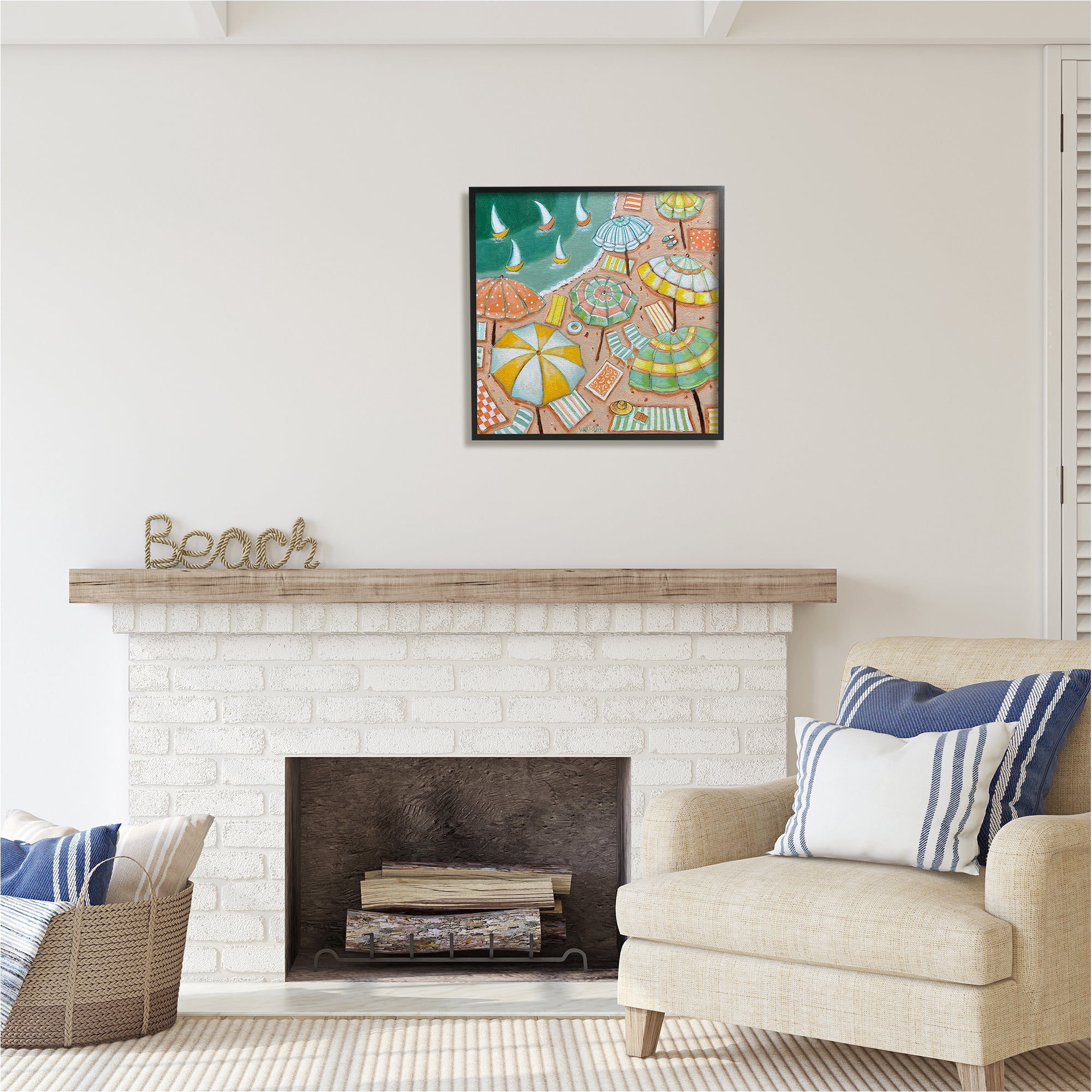 Stupell Industries Modern Summer Beach Landscape Painting Black Framed Art Print Wall Art, 24 x 24
