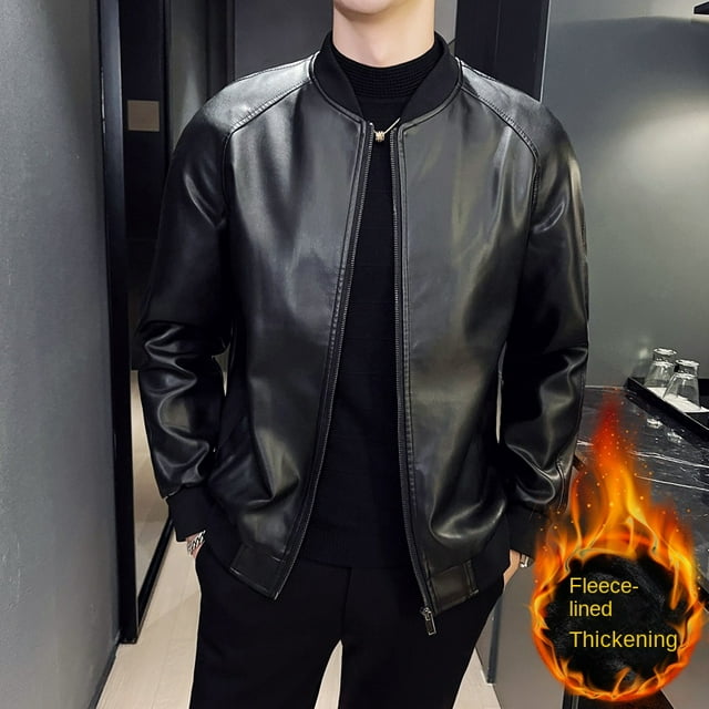 Men SprAutumn Thin Style Motorcycle Leather Jacket Fashionable Motorcycle Leather Jacket Fabric Soft Version Slim Simple Coat Black1 XXL