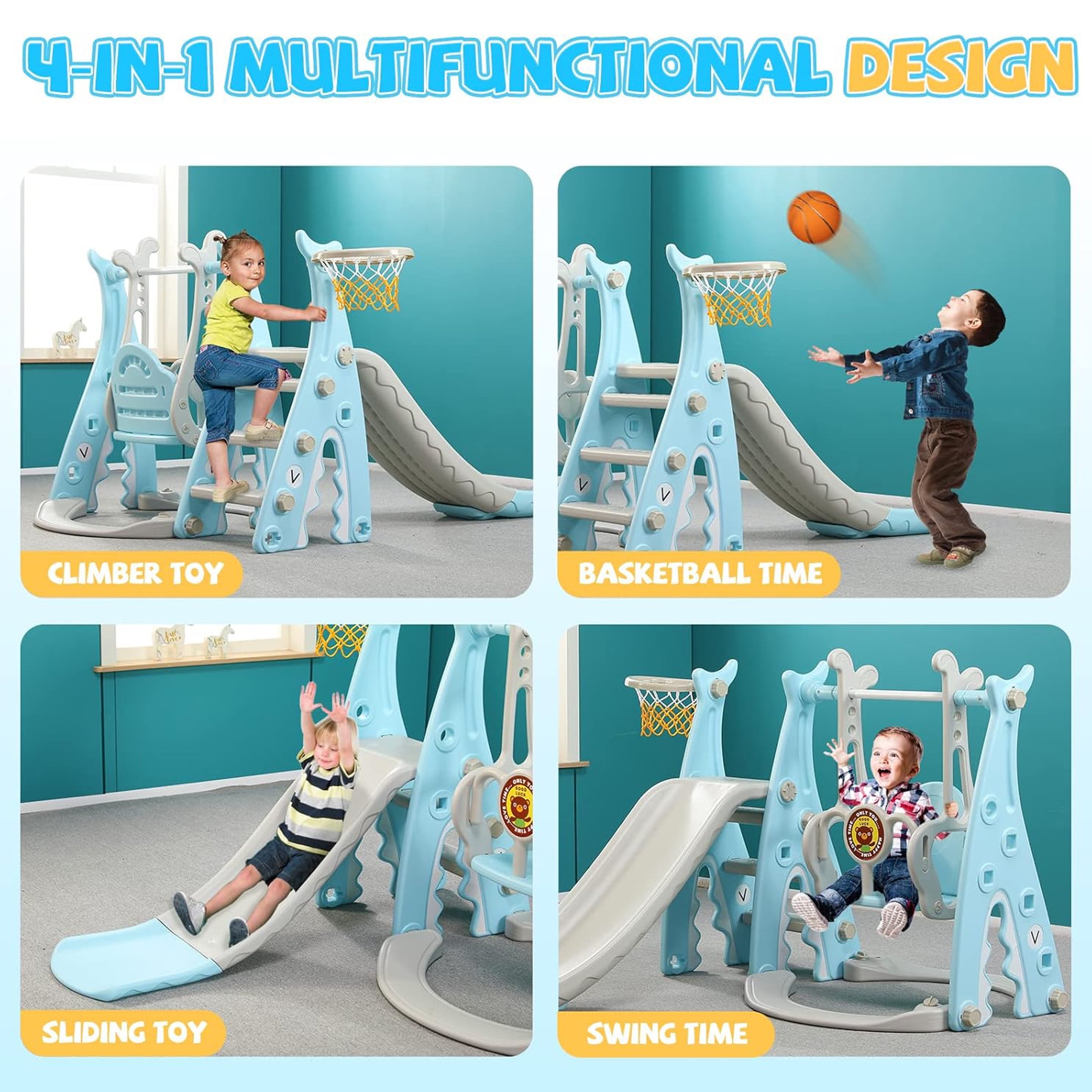 Ealing Slide and Swing Set for Toddlers Age 1-3,4 in 1 Indoor Outdoor Baby Swing Toys Playset with Basketball Hoop,with Safety Belt ,Extra Long Slide 53.1  in,Blue