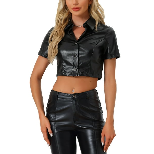 Camisa de botones de manga corta de cuero sintético INSPIRE CHIC, blusa, top corto, chaqueta, negra, talla L