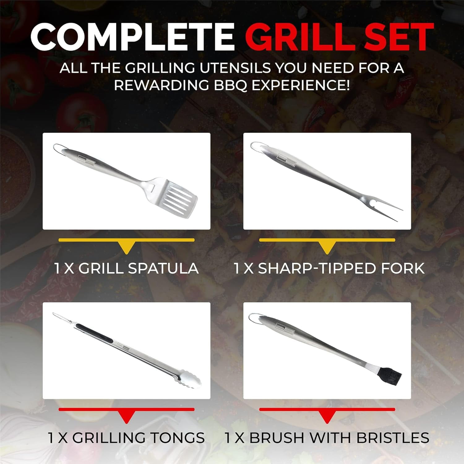 BBQ Tools Grill Tools Set with Grill Tongs, Spatula, Forks, Brush - Stainless Steel Grill Kit Grilling Utensils Set - Perfect BBQ Grill Accessories for Outdoor - Gifts for Dad - 4 PCS