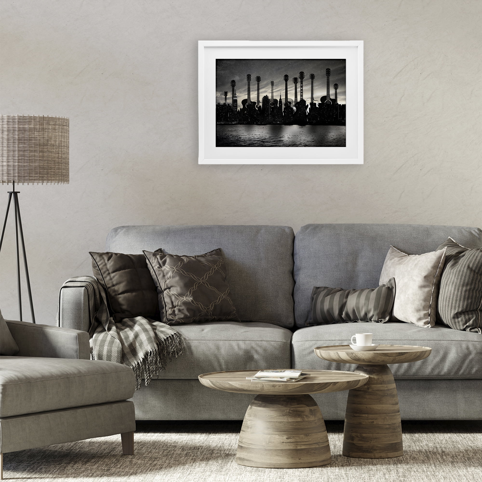 Stupell Industries Guitar Skyline Cityscape White Framed Print Under Glass, design by CAD Designs