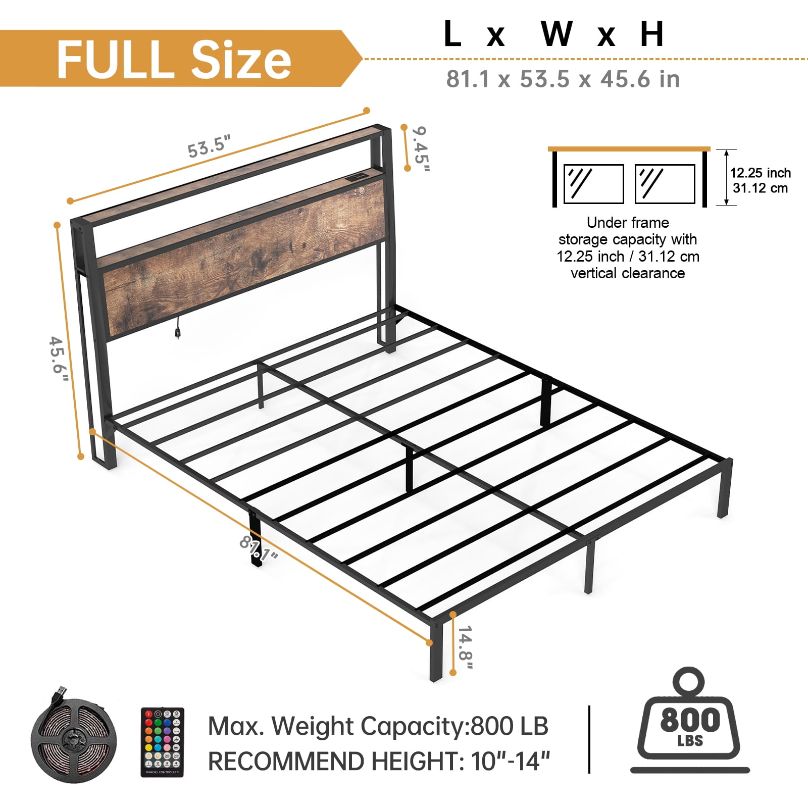 Leumius Full Size Bed Frame with Headboard, Platform Bed with RGB LED Light & Charging Station & Under Bed Storage Space, Easy Assembly, Brown