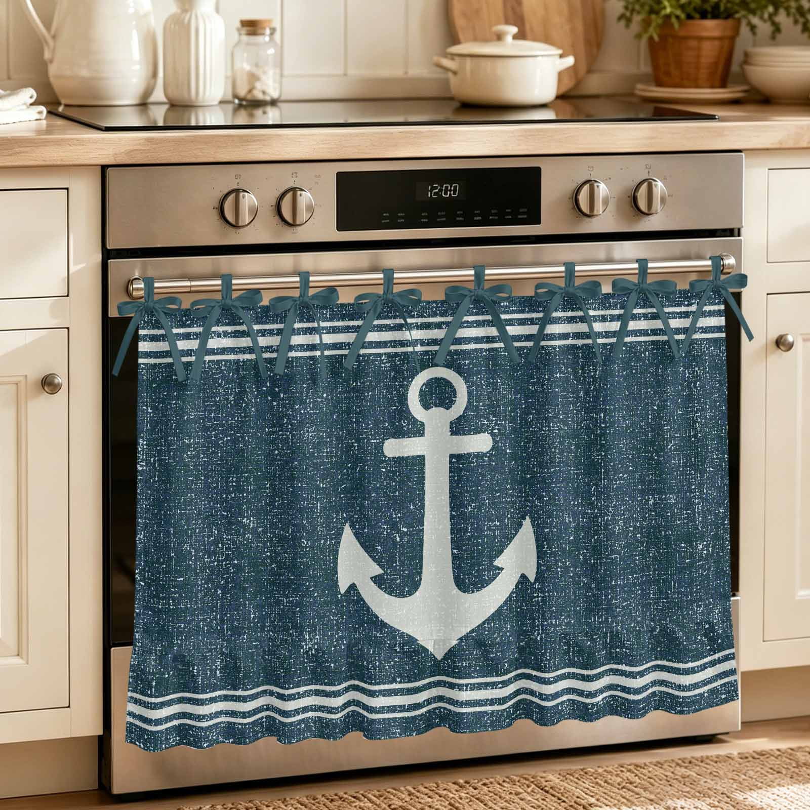 Oven Curtain for Kitchen Coastal Anchor Teal Blue Linen Texture Stove Curtain With Ruffled Trim Dishwasher Curtains Vintage Nautical Theme Oven Skirt 32 x24