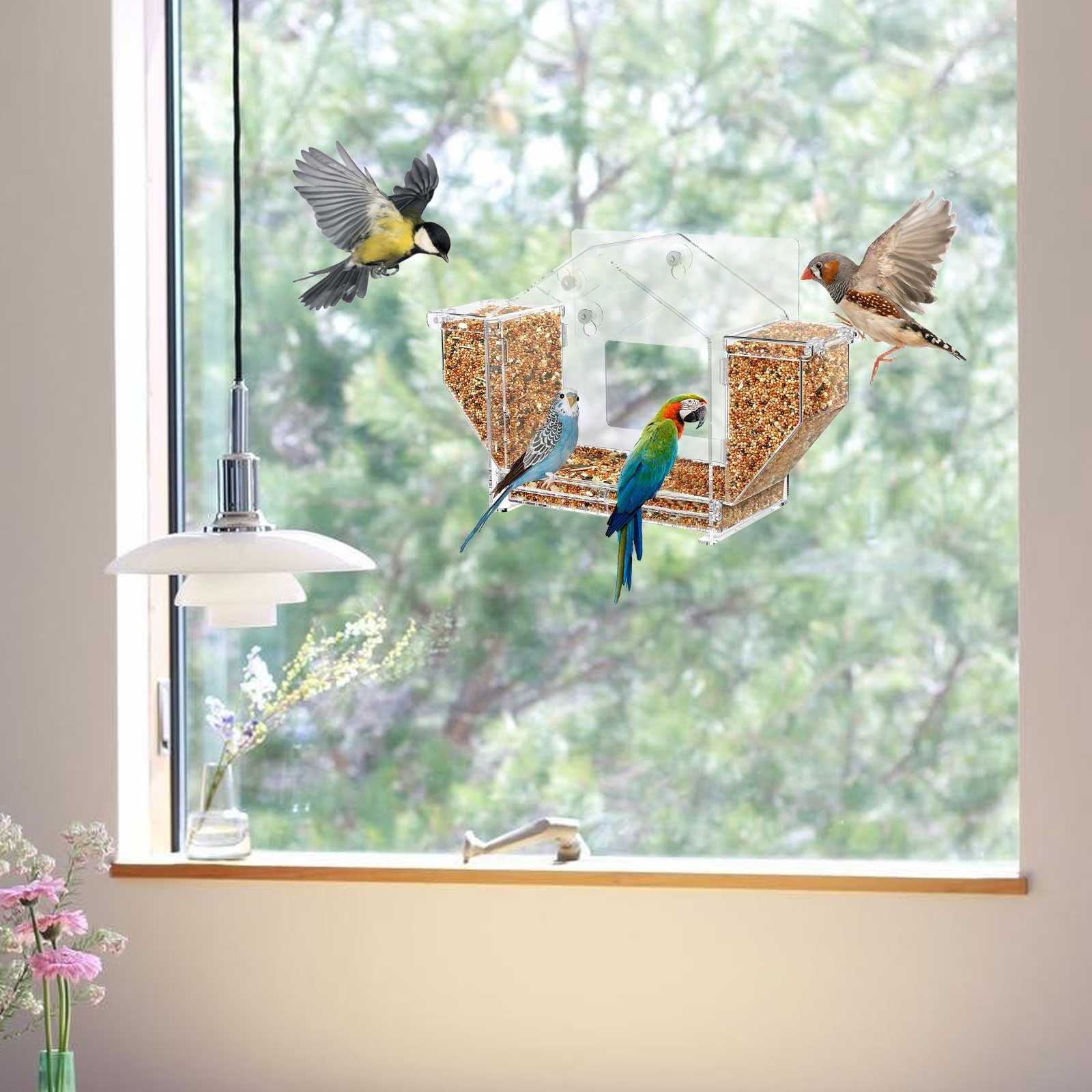 Gmogad Clear Acrylic Hanging Bird Feeder, Weatherproof Transparent Outdoor Feeder with Easy-Fill Wide Opening, Stable Non-Tilt Hanging Hook, Large Tray Feeder for Attracting Multiple Wild Birds