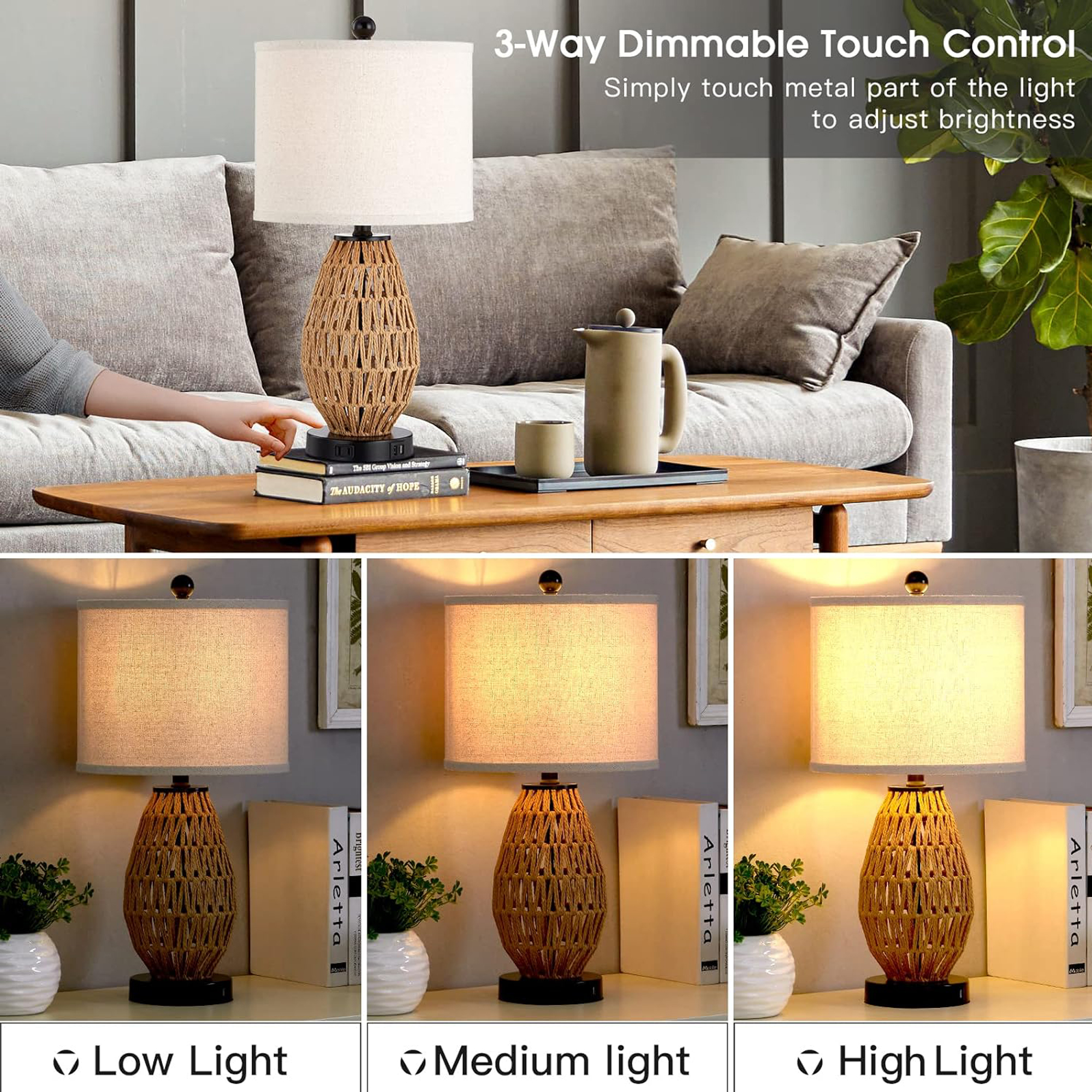 Cinkeda Touch Control Table Lamp with USB Ports AC Outlet Oatmeal Braided Rattan 3 Way Dimmable Bedside Lamp for Living Room Bedroom(1 Bulb) - image 3 of 8