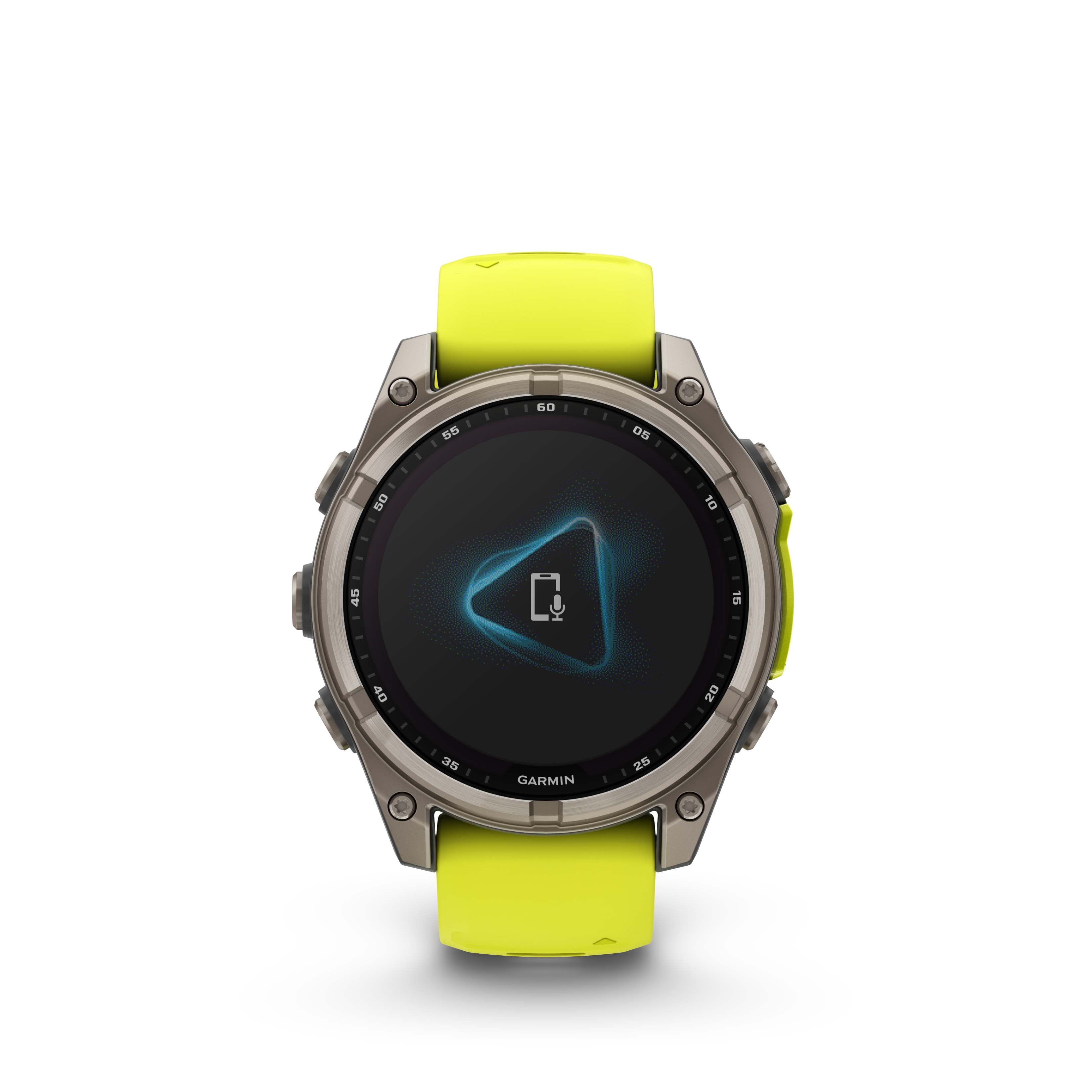 Garmin Fenix 8 47 mm Multisport GPS Smartwatch, Solar, Sapphire, Titanium with Amp Yellow/Graphite Silicone, Built-in LED Flashlight with Wearable4U Black EarBuds Bundle