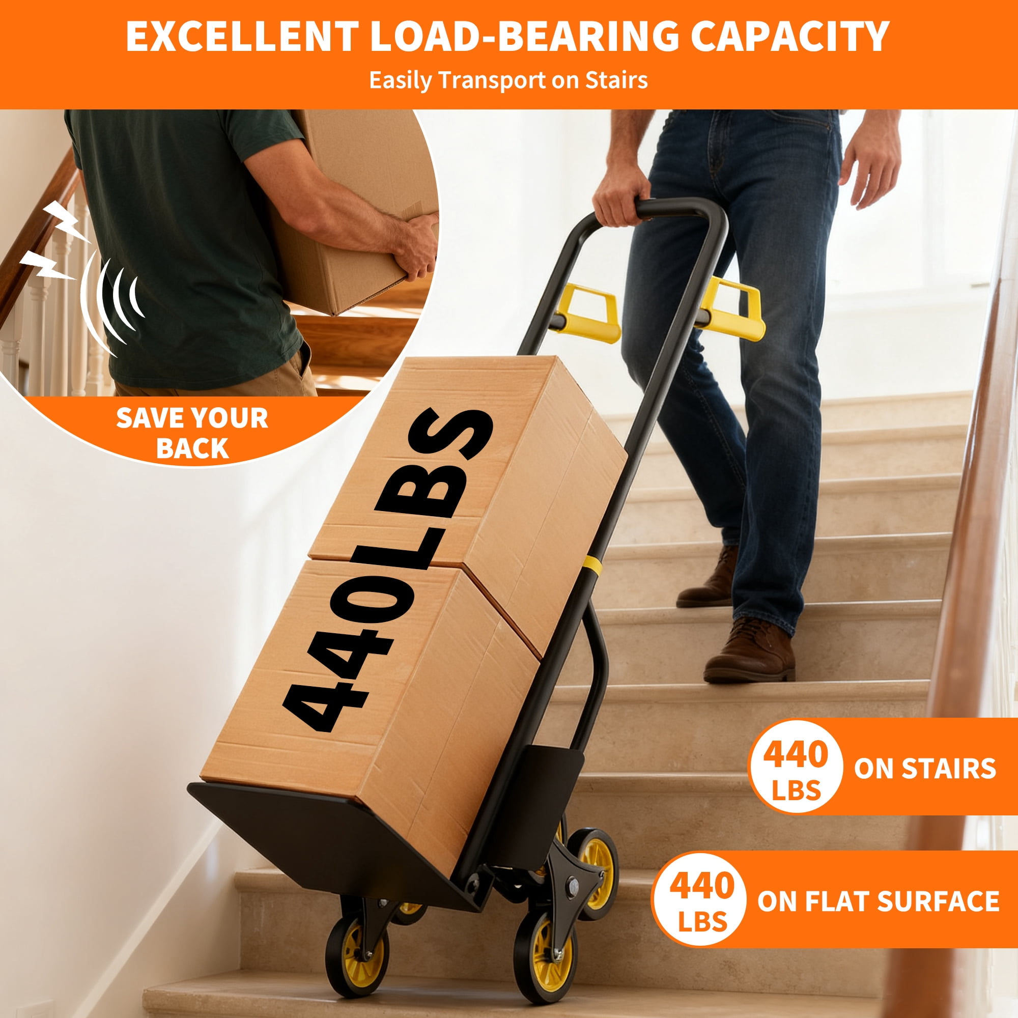 Ladcaser Stair Climbing Hand Truck 440lb Heavy Duty Dolly Cart for Stairs, Folding Stair Climbing Trolley with 6 Wheels and Telescoping Handle