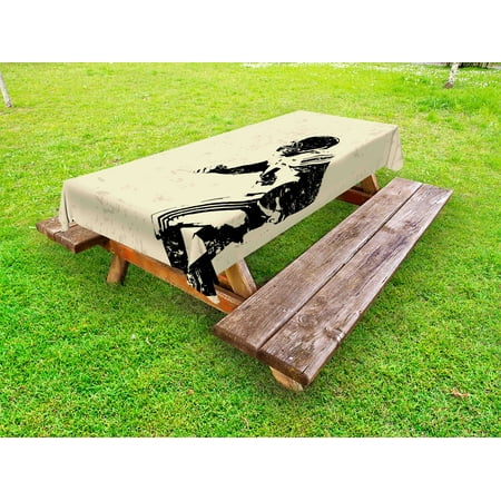 Sports Outdoor Tablecloth, Rugby Player in Action Running Success in Arena Playground Sport Best Team Picture, Decorative Washable Fabric Picnic Tablecloth, 58 X 120 Inches, Beige Black, by (Best X And Y Team)