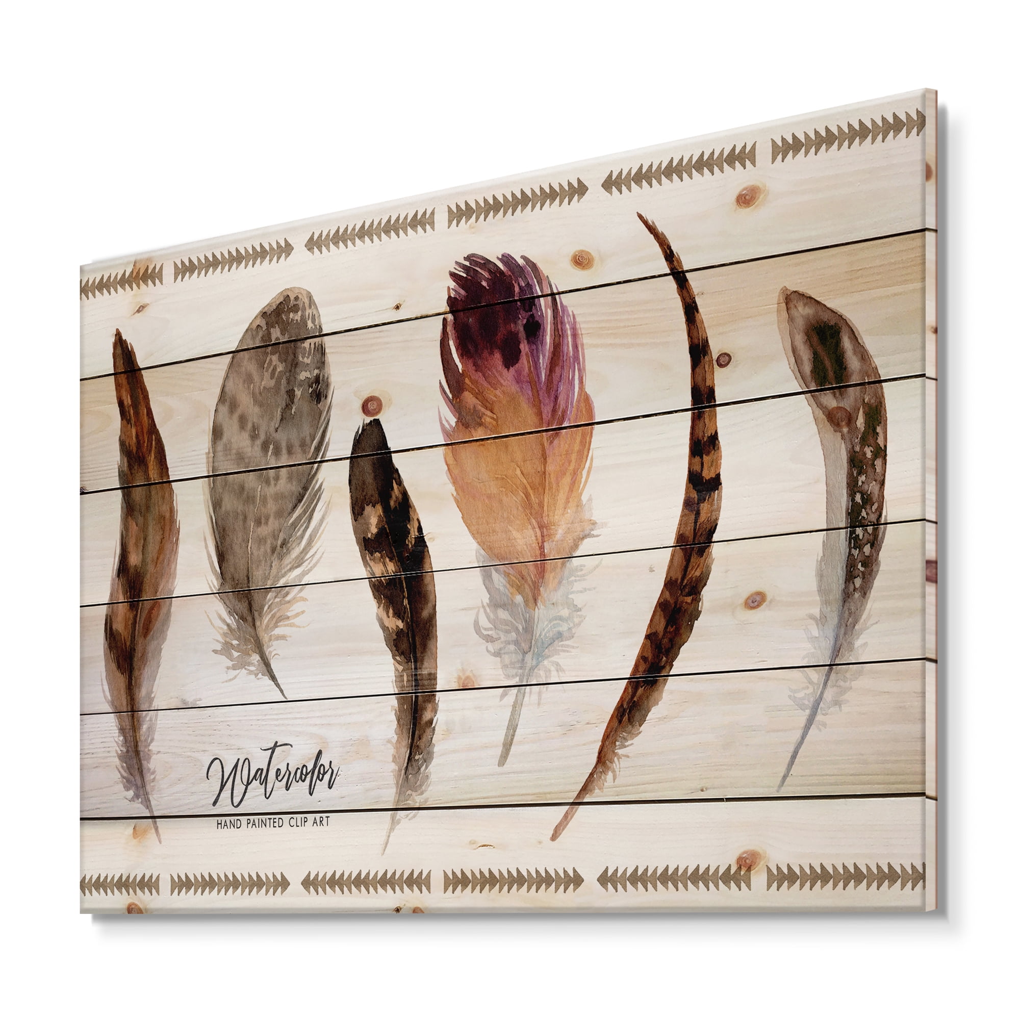 Designart 'Exotic Vibrant Boho Watercolor Feathers' Bohemian & Eclectic Print on Natural Pine Wood