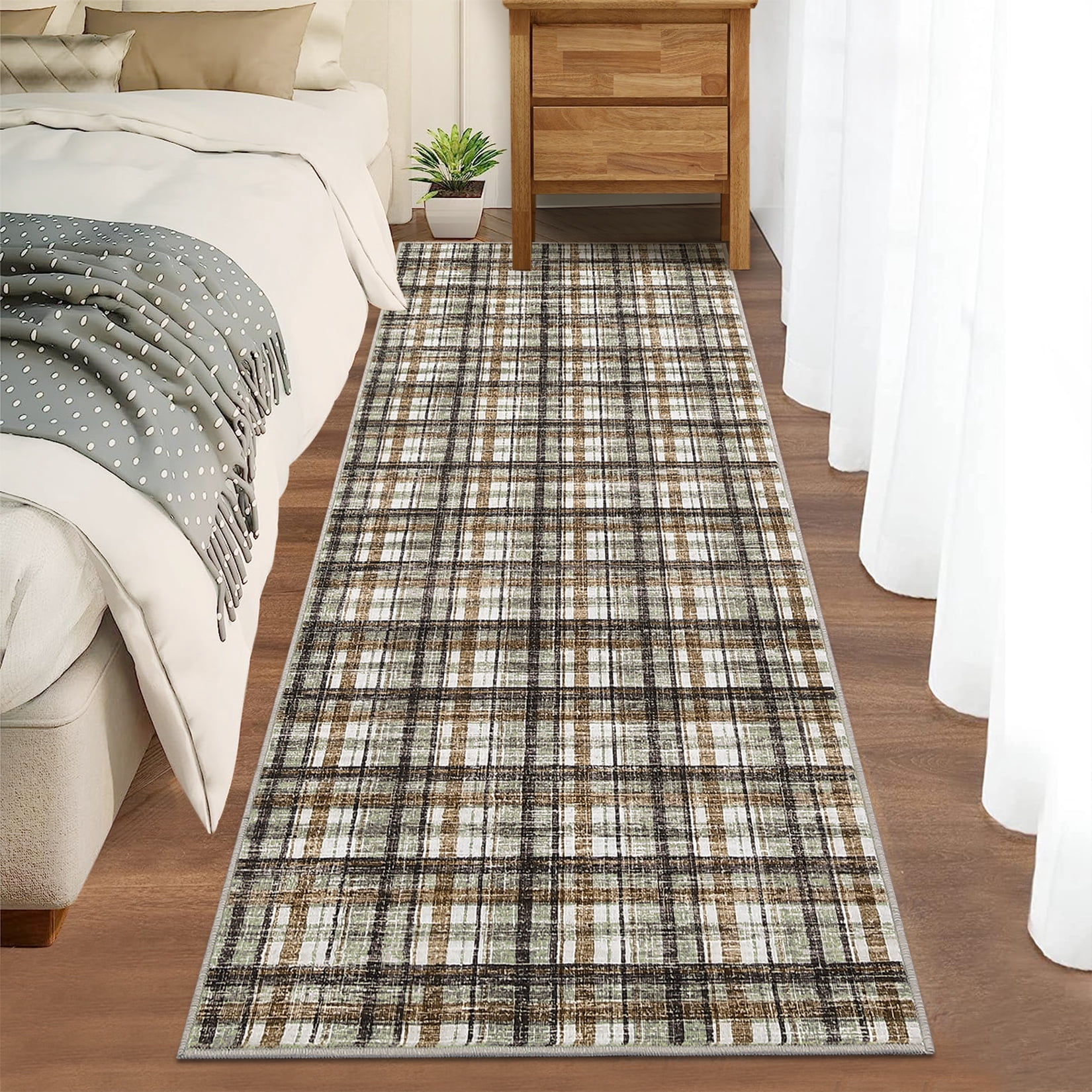Garvee 2x6 Geometric Striped Runner Rug, Machine Washable Plaid Rugs With Non-Slip Backing Low Pile Stain Resistant Indoor Carpet for Hallway Kitchen Entryway Bathroom, Coffee