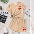 thumbnail image 6 of Virmaxy Cherry Print Tee and Shorts Set Girls Solid Color Loose Fit Summer Two Piece Casual Outfit for Play and Everyday Comfort, for 3-14Y Khaki, 6 of 6
