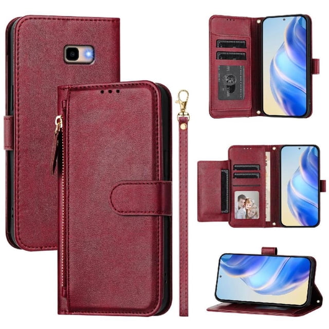 Étui Portefeuille pour Samsung Galaxy J4 Plus avec Poche à Fermeture Éclair, Porte-Cartes, Support, Dragonne, Étui à Rabat en Cuir Rouge