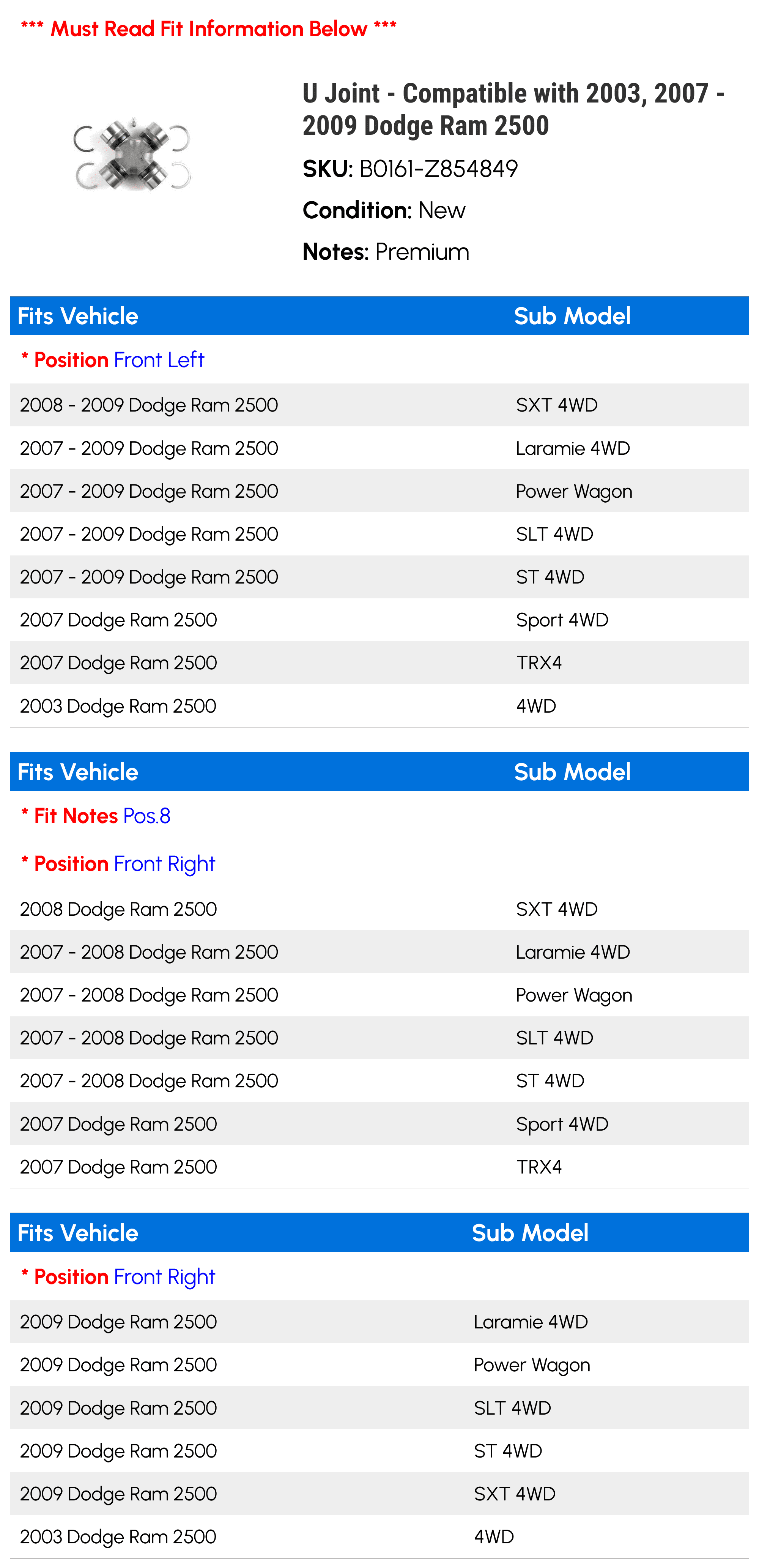 U Joint - Compatible with 2003, 2007 - 2009 Dodge Ram 2500 - MOOG