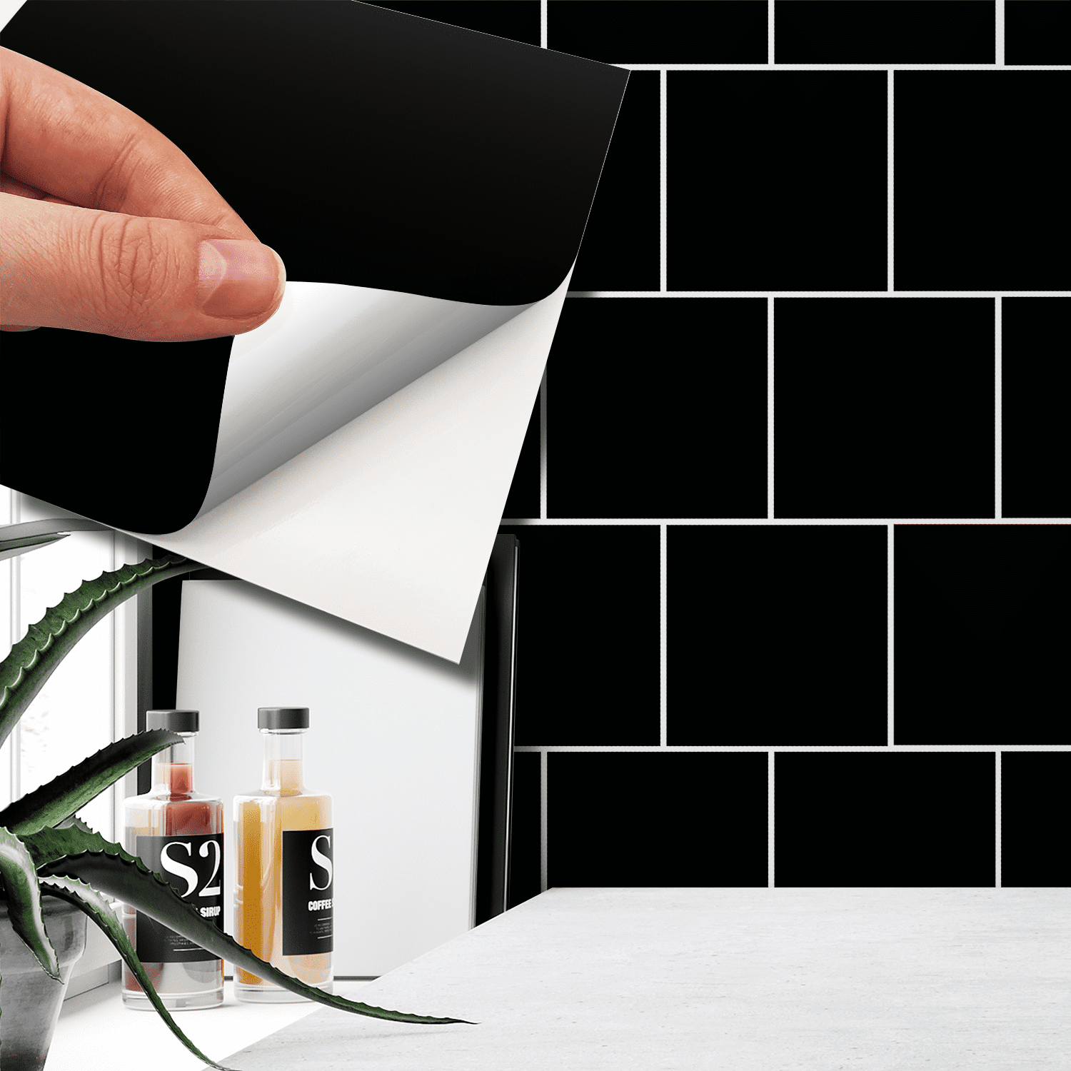 Walplus Peel and Stick Backsplash Colour Block Black Wall Tile Decals