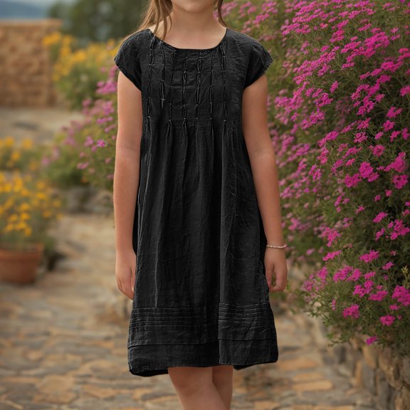Girls Dress, Pleated Sleeveless Sundress with Crinkle Fabric, Comfortable A-Line Dress for Summer and Casual Wear