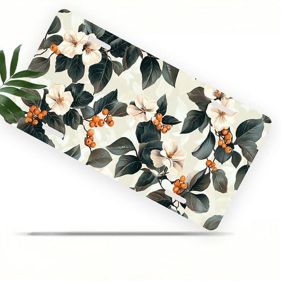 Floral Pattern with Berries Front License Plate, Metal License Plate, Funny Standard Plates Personalized Novelty Decorative For Men/Women/Boys/Girls Car 6×12 Inch