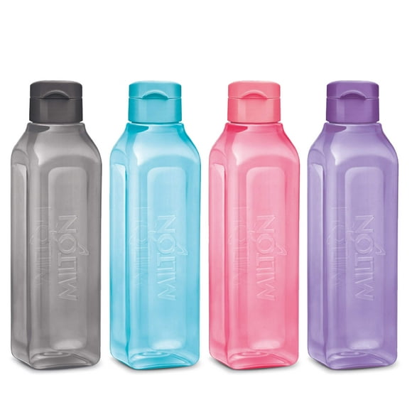 MILTON Sports Water Bottle Square Juice Box 4 Set 32 oz. Great for Juices Milk Smoothies Plastic Wide-Mouth Reusable Leak Proof Drink Bottle/Carton for School Bags Lunch Boxes Gym Flip Lid -BPA Free