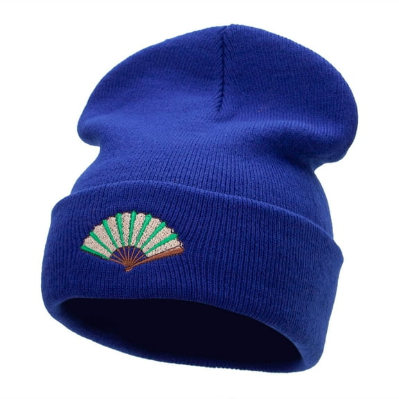 Foldable Fan Embroidered 12 Inch Long Knitted Beanie - Royal OSFM