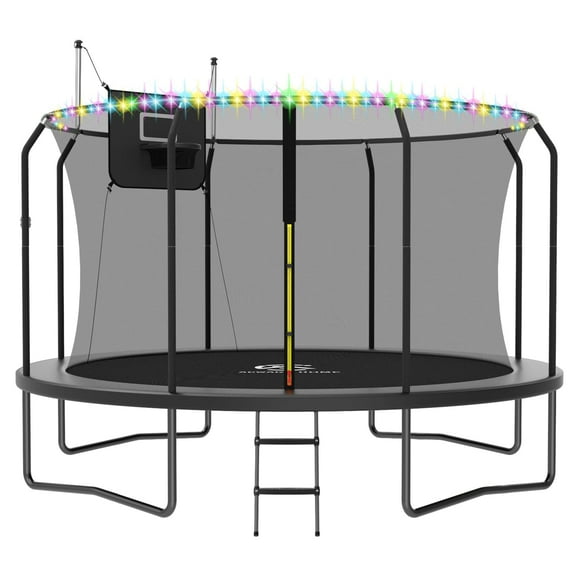ACWARM HOME 2025 NewTrampoline 14FT Premium Black Trampoline with Basketball Hoop and LED Lights Recreational Trampolines for Kids and Adults with Net and Ladder