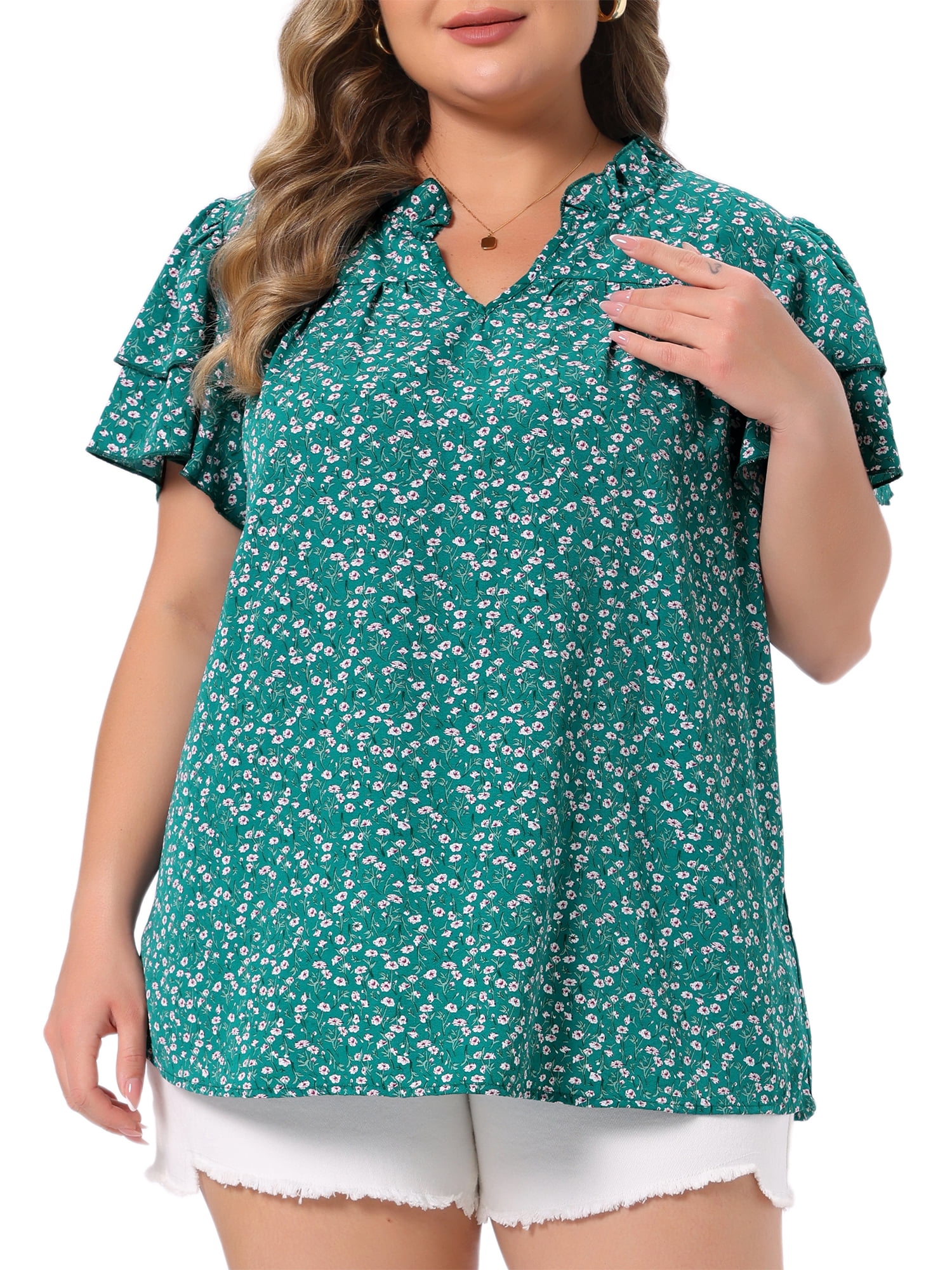 DARING DIVA Women's Plus Summer Ruffle V Neck Double Short Tops 4X Green
