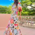 thumbnail image 4 of Orange-Red Bohemian Floral Print Maxi Dress, Womens Off Shoulder Puff Sleeve Tiered Dress, 4 of 6