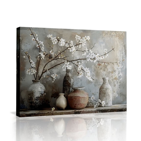 Vintage Cherry Blossom Vases Canvas Wall Art (Rustic Neutral Tone) Ready to Hang for Kitchen