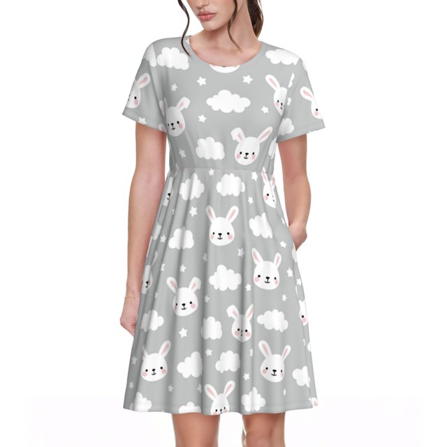 Disketp Rabbit And Cloud para Vestido de Manga Corta para Mujeres, Vestidos de Verano para Mujeres, Casual y Holgado para la Playa